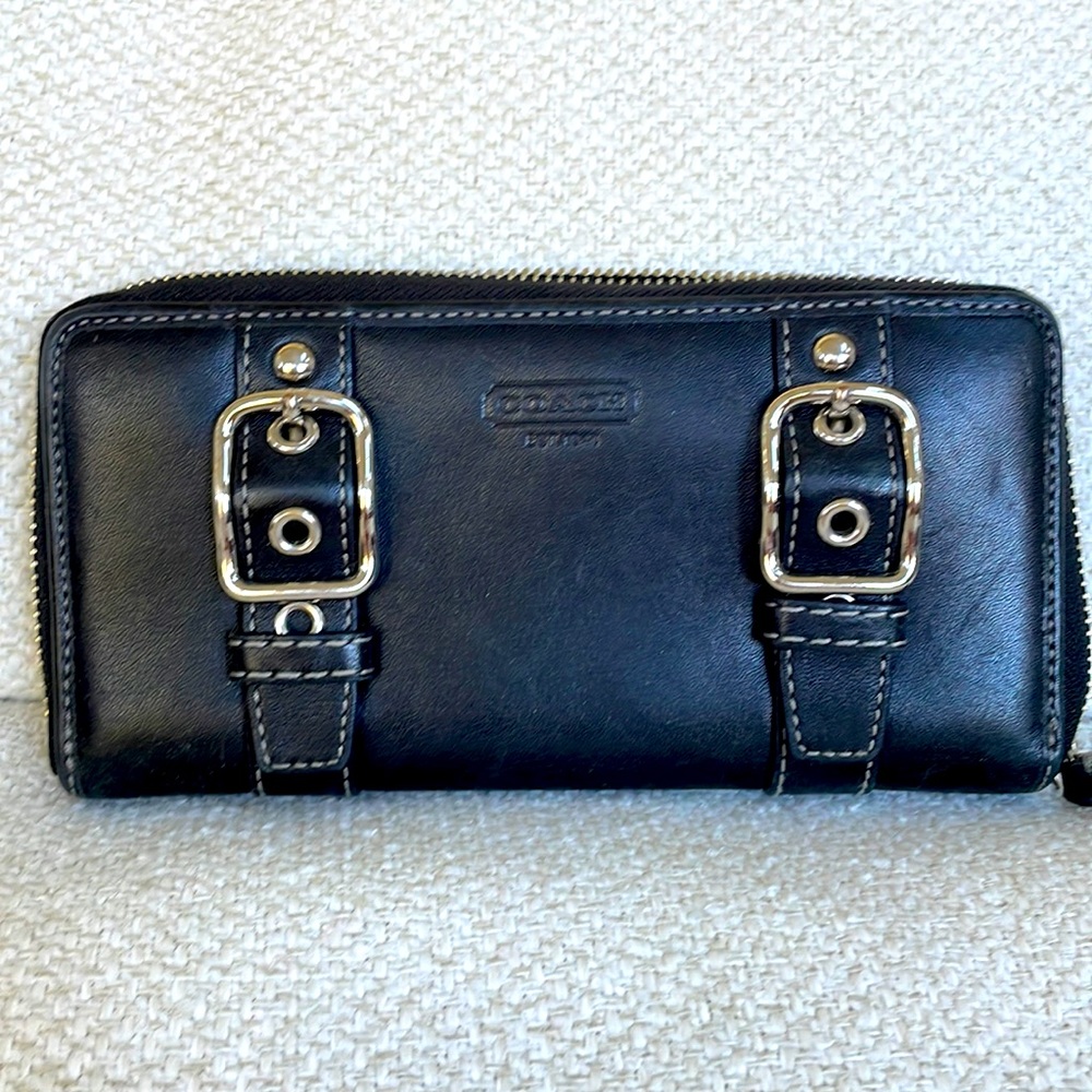Coach black two buckle leather wallet